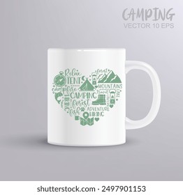 Composition of inscriptions and pictures in the heart shape on the theme of hiking. Camping concept with mug mockup