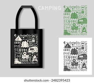 Composición de inscripciones e imágenes sobre el tema de senderismo y Ocio al aire libre. Concepto de camping con mockup tote bag