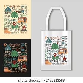 Composition of inscriptions and pictures on the theme of hiking. Camping concept with tote bag mockup