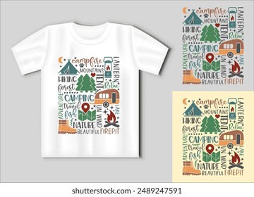 Composition of inscriptions and pictures on the theme of Camping. Travel concept with t-shirt mockup