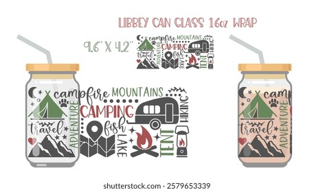 Composition of inscriptions and pictures on the theme of hiking and outdoor recreation. Printable Full wrap for libby class can with mock up