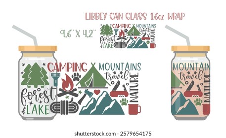 Composition of inscriptions and pictures on the theme of hiking and outdoor recreation. Printable Full wrap for libby class can with mock up