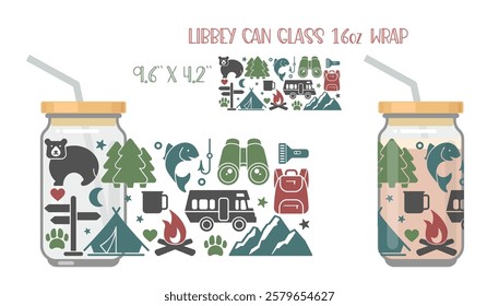 Composition of inscriptions and pictures on the theme of hiking and outdoor recreation. Printable Full wrap for libby class can with mock up