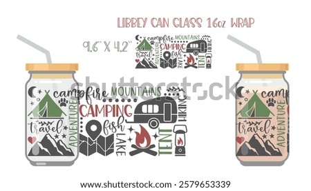 Composition of inscriptions and pictures on the theme of hiking and outdoor recreation. Printable Full wrap for libby class can with mock up