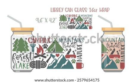 Composition of inscriptions and pictures on the theme of hiking and outdoor recreation. Printable Full wrap for libby class can with mock up