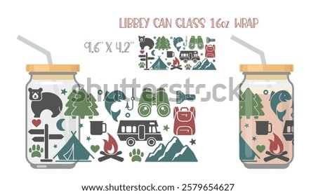 Composition of inscriptions and pictures on the theme of hiking and outdoor recreation. Printable Full wrap for libby class can with mock up