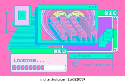 Composition of interface elements: window boxes and tabs on a pink background.  The concept of a glitchy screen with spam messages.