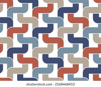 Composition of interlaced multicolored wavy lines on a white background. Abstract geometric design in a contemporary Bauhaus style. Seamless repeating pattern. Vector illustration.