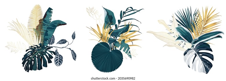 Composition for invitation card set with blue golden tropical leaves. Exotic botanical design for wedding ceremony. Can be used for cosmetics, spa, perfume, beauty salon, travel agency.