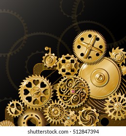 Composition with iron mechanism and golden circle gears of different size and decoration dark background vector illustration