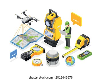 Composition of isolated geodesy isometric icons of measuring appliances engineers tools and paper map with worker vector illustration