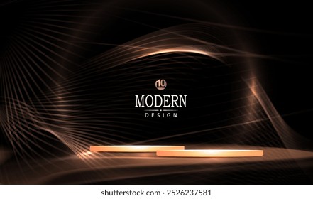 Composition with isolated golden podium with wavy ribbons.