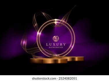 Composition with isolated round golden frame and podium with purple cloud on black background.