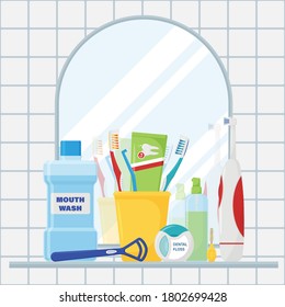 Composition of items for cleaning teeth and oral care. The concept of the bathroom with a mirror and the reflection in the mirror. Dental accessories for oral hygiene. Vector illustration. flat style.