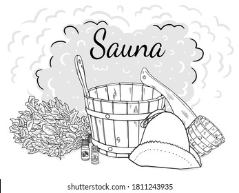 Composition of items for the sauna. Isolated black outline objects on a white background. Doodle style.