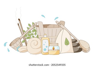 Composition of items for spa and steam rooms, relaxation and rest. Drawing in a cartoon style, with an outline and shadow on a white background.