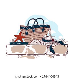 Composition of items of summer vacation at the sea. Beach bag, sunglasses, starfish, book, and straw sun hat. Hand drawn vintage vector travel postcard.