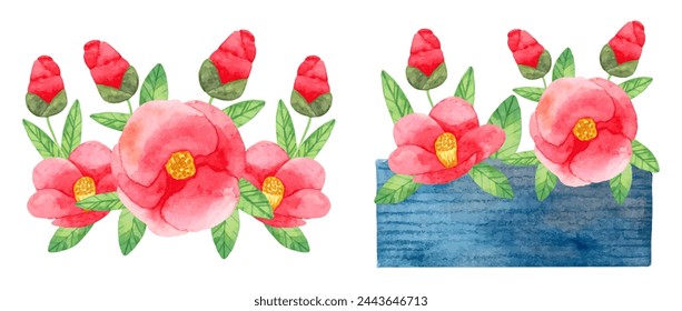 Composition of Japanese camellia with red flowers with leaves and in a vase. Botanical watercolor illustration. Simple stylized style. Hand drawing. Set of elements for cards, invitations. Vector.