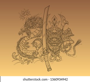 Composition with japanese native mask, samurai sword and dragon on a gold background.