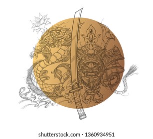 Composition with japanese native mask, samurai sword and dragon on a gold background.