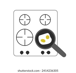 Composition of kitchen gas stove with pan and fried eggs on it. Simple minimal outline objects for interior and receipts design. Vector illustration