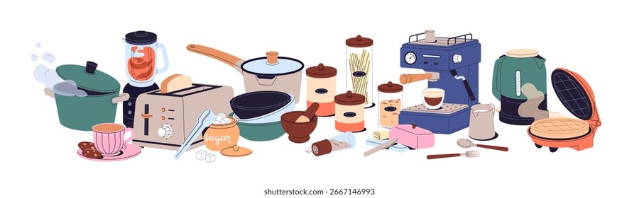 Composición de utensilios de cocina, electrodomésticos. Un montón de utensilios de cocina, vajilla: tazas, platos, cucharas. Montón de utensilios de cocina, accesorios de cocina y cafetera. Ilustración vectorial aislada plana en blanco