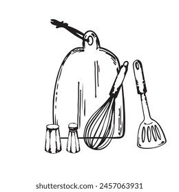 Composition of kitchen utensils drawn in vector. A wooden cutting board, a whisk, a meat spatula, pepper and salt drawn with a black outline. Suitable for kitchen design, fabric, tableware.