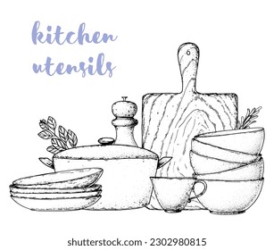 Composition of kitchen utensils. Kitchenware vector illustration. Kitchen utensils hand drawn sketch. Plates, cup, cutting board, spice grinder, stewpot.