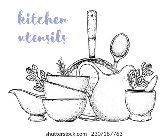 Composition of kitchen utensils. Kitchenware vector illustration. Kitchen utensils hand drawn sketch. My kitchen, my home. Plates, cups, spice grinder, frying pan, jug.