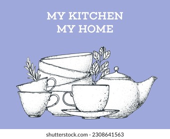 Composition of kitchen utensils. Kitchenware vector illustration. Kitchen utensils hand drawn sketch. Cups, kettle, bowls