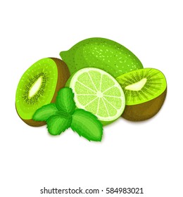 Composition of kiwi, lime and mint leaves. Ripe vector kiwifruits and green lemon with fresh pepper mint leaf appetizing looking. Tropical fruits for design packaging of juice breakfast, healthy food.
