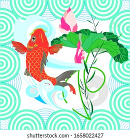 Composition of koi carps lotus bud and leaf  with a frame of stylized waves - a symbol and a talisman of good luck, wealth, love in the East. Vector   print on paper, textile, ceramics, plastic, canva