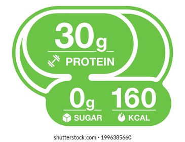 Composition Label for chocolate bar or energy drink - value of Protein, Sugar and calories. Isolated badge