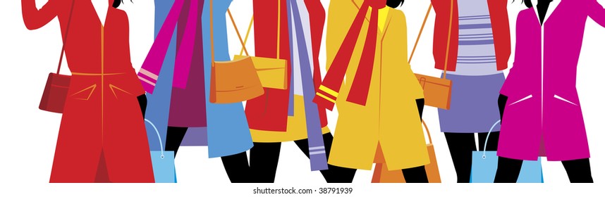 Composition with lady's wear. On six silhouettes the warm clothes are dressed. They are located on a white background.