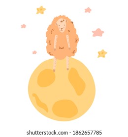 Composition lamb standing on full moon on white background. Abstract cute picture doodle vector illustration.