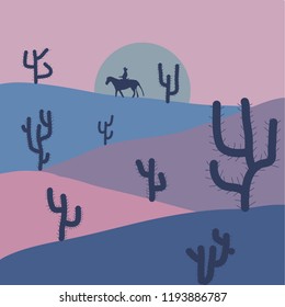 Composition. Landscape with neutral, blue and violet colors. Sand. Vector illustration. Beautiful neutral, blue and violet vintage cactuses, succulents. Flowers.
