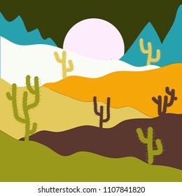 Composition. Landscape on green, yellow and neutral colors. Vector illustration. Deserts and Sand Dunes Landscape at Sunrise.