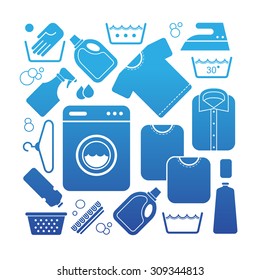 Composition with laundry and washing symbols in a shape of square.