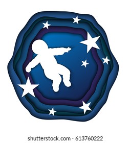 Composition of layers of colored paper, the silhouette of an astronaut or cosmonaut and stars. Weightlessness. Applique or origami can be used in the newsletter, brochures, postcards, banner.