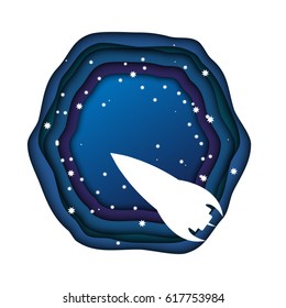 Composition of layers of paper in blue and purple. Silhouette of a space rocket flying in open space. Weightlessness. Application or origami can be used in newsletter, brochures, postcards, banner. 