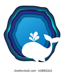 Composition of layers of paper in blue and white white silhouette of the whale, releasing trickles of water. Applique or origami can be used in newsletter, brochures, postcards, banner. 