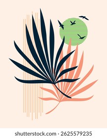 Composition with leaves and geometric shapes. Art representing nature in simple forms.