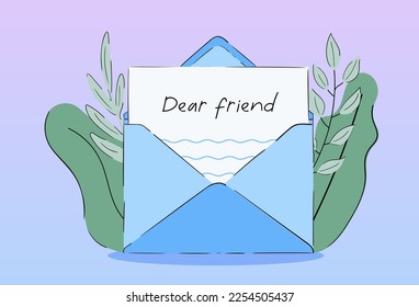 Composition of leaves and letter. Sending card to a friend day. Paper mail. Opened envelope with greeting card. Postal. Cute anime cartoon style. Y2k.