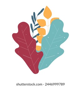 Composición de las hojas sobre un fondo blanco aislado.Hojas de verano y primavera en estilo plano.Diseño de Vector.