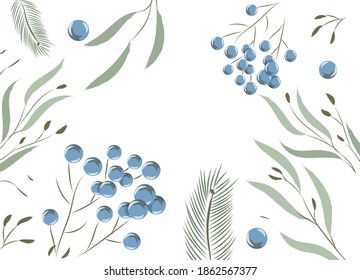 Composition of leaves and twigs with blue berries on them. Vector