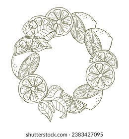 A composition of lemon slices and lemon halves in the form of a wreath. Citrus composition in graphic style. Vector illustration isolated on a white background.