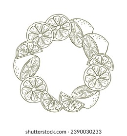 A composition of lemon slices and lemon halves in the form of a wreath. Citrus composition in graphic style. Vector illustration isolated on a white background. svg