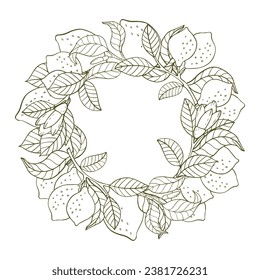 A composition of lemon twigs and lemons in the form of a wreath. Citrus composition in graphic style. Vector illustration isolated on a white background.