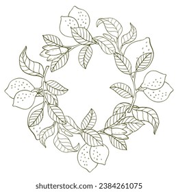 A composition of lemon twigs and lemons in the form of a wreath. Citrus composition in graphic style. Vector illustration isolated on a white background.
