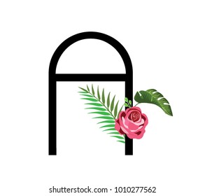 Composition with letter A and beautiful flowers on white background
